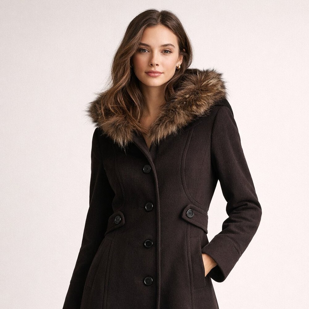 Marc New York Wool Cashmere Coat Raccoon Fur Trim – Elegant Winter Coat US 8